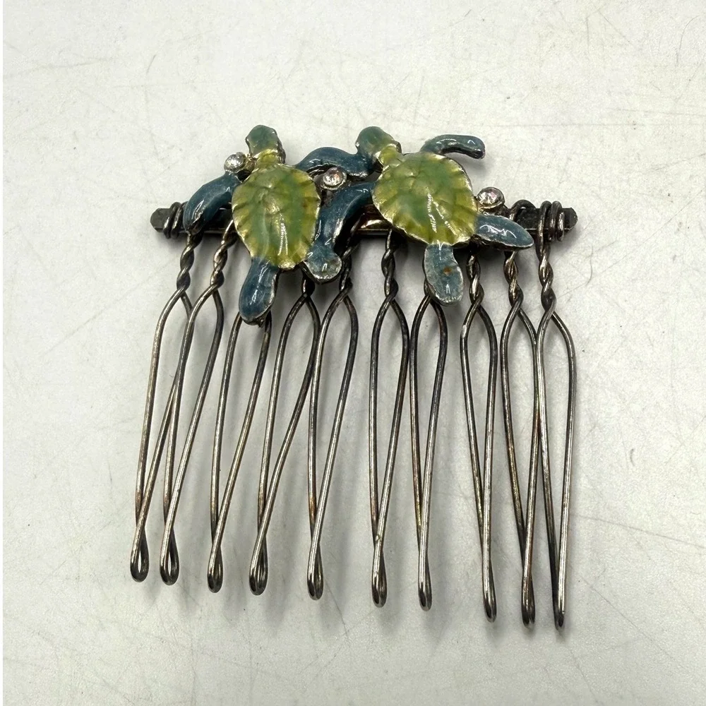 Vintage Sea Turtle Enamel Hair Comb Silver Tone Green Blue Coastal Accessory